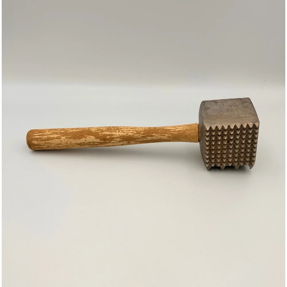 Vintage Meat Tenderizer Mallet Wood Handle Dual Sided Metal Head Primitive Tool
